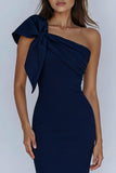 Navy One Shoulder Mermaid Maxi Formal Dress