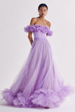 Lilac Off the Shoulder A Line Ruffled Tulle Prom Dress