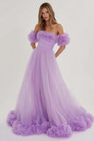 Lilac A Line Maxi Tulle Prom Dress with Ruffles