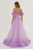 Lilac A Line Maxi Tulle Prom Dress with Ruffles