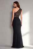 Black One Shoulder Mermaid Lace Maxi Formal Dress