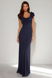 Navy Cowl Neck Ruffled Maxi Formal Dress