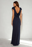 Navy Cowl Neck Ruffled Maxi Formal Dress