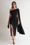 Black Cape Sleeve Midi Formal Dress