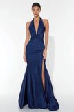 Halter Navy Satin Mermaid Formal Dress