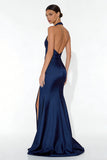 Halter Navy Satin Mermaid Formal Dress
