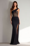 One Shoulder Black Lace Maxi Formal Dress