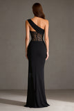 One Shoulder Black Lace Maxi Formal Dress