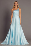 One Shoulder Sky Blue Satin A Line Formal Dress