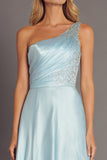 One Shoulder Sky Blue Satin A Line Formal Dress