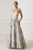 Dusty Blue Floral Strapless Corset A Line Formal Dress