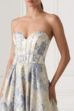 Dusty Blue Floral Strapless Corset A Line Formal Dress