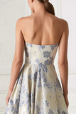 Dusty Blue Floral Strapless Corset A Line Formal Dress