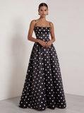 White Black Polka Dot A Line Maxi Formal Dress