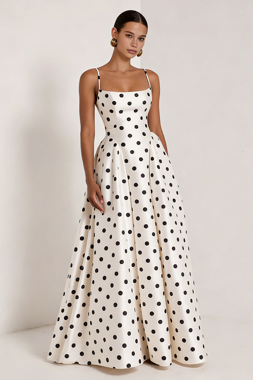 Berylove Women White Black Polka Dot Formal Dress Spaghetti Straps A Line Simple Maxi Evening Dress