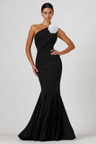 Mermaid 3D Flower One Shoulder Black Formal Dress