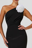 Mermaid 3D Flower One Shoulder Black Formal Dress