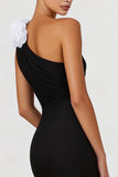 Mermaid 3D Flower One Shoulder Black Formal Dress