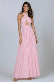 Pink Halter Cut Out A Line Pleated Formal Dress
