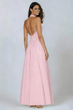 Pink Halter Cut Out A Line Pleated Formal Dress