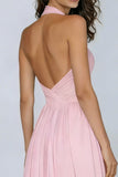 Pink Halter Cut Out A Line Pleated Formal Dress