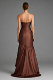 Brown Satin High Low Strapless Ruffled Formal Dress