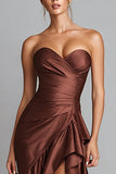 Brown Satin High Low Strapless Ruffled Formal Dress