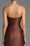 Brown Satin High Low Strapless Ruffled Formal Dress