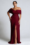 Burgundy Off the Shoulder Ruched Sheath Formal Dress
