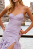 Light Purple Ruffled Spaghetti Straps Prom Dress With Slit