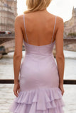 Light Purple Ruffled Spaghetti Straps Prom Dress With Slit