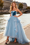 Strapless Princess Sky Blue Velvet High-Low Ruffled Prom Dress