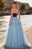 Strapless Princess Sky Blue Velvet High-Low Ruffled Prom Dress