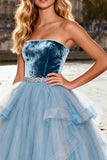 Strapless Princess Sky Blue Velvet High-Low Ruffled Prom Dress