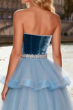 Strapless Princess Sky Blue Velvet High-Low Ruffled Prom Dress
