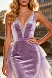 Purple Mermaid Velvet V-Neck Prom Dress With Slit