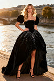 Black Velvet Princess Beaded High-Low Velvet Prom Dress With Puff Sleeves