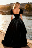Black Velvet Princess Beaded High-Low Velvet Prom Dress With Puff Sleeves