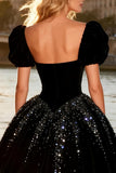 Black Velvet Princess Beaded High-Low Velvet Prom Dress With Puff Sleeves