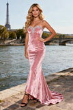 Pink Velvet Spaghetti Straps Mermaid Prom Dress With Sequins