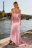 Pink Velvet Spaghetti Straps Mermaid Prom Dress With Sequins