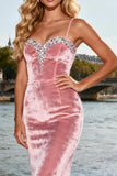 Pink Velvet Spaghetti Straps Mermaid Prom Dress With Sequins