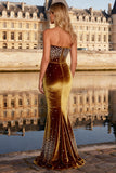 Velvet Strapless Mermaid Burnt Orange Prom Dress With Rhinestones