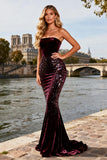 Burgundy Velvet Beaded Mermaid Strapless Formal Dress