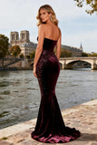 Burgundy Velvet Beaded Mermaid Strapless Formal Dress