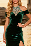 Dark Green Halter Mermaid Beaded Prom Dress With Slit