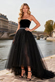 Black A-Line Velvet Strapless Tulle Prom Dress