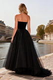 Black A-Line Velvet Strapless Tulle Prom Dress