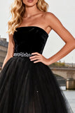 Black A-Line Velvet Strapless Tulle Prom Dress