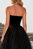 Black A-Line Velvet Strapless Tulle Prom Dress